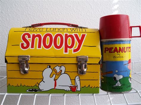 1968 snoopy metal lunch box|vintage peanuts lunch box thermos.